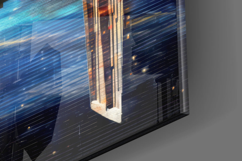 Sci-fi-spacecraft artwork anchoring a wall with scarlet-and-cobalt palette