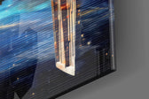 Sci-fi-spacecraft artwork anchoring a wall with scarlet-and-cobalt palette