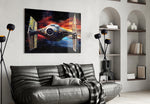 Tie Fighter glass wall art styled above a sideboard in a media room