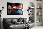 Tie Fighter glass wall art styled above a sideboard in a media room