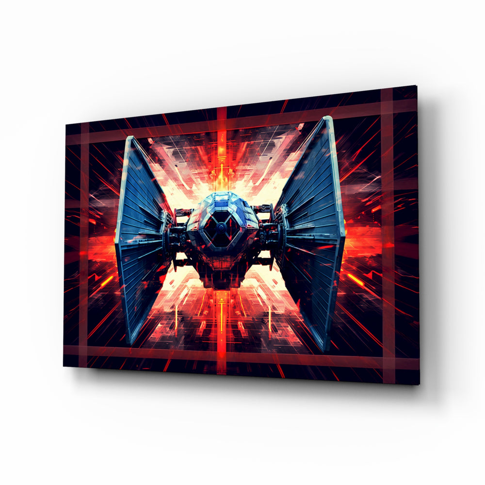 Tie Fighter glass wall art displayed above a leather sofa in a man cave