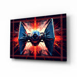 Tie Fighter glass wall art displayed above a leather sofa in a man cave