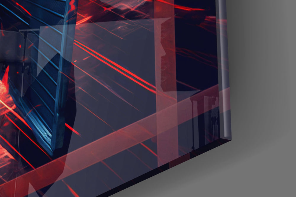 Sci-fi-spacecraft artwork anchoring a wall with scarlet-and-indigo palette