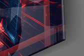 Sci-fi-spacecraft artwork anchoring a wall with scarlet-and-indigo palette