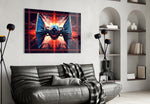 Tie Fighter glass wall art styled above a sideboard in a media room