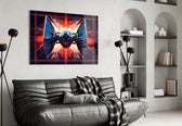 Tie Fighter glass wall art styled above a sideboard in a media room