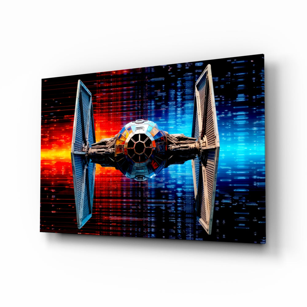 Tie Fighter glass wall art displayed above a leather sofa in a man cave