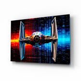 Tie Fighter glass wall art displayed above a leather sofa in a man cave