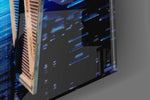 Sci-fi-spacecraft artwork anchoring a wall with scarlet-and-cobalt palette