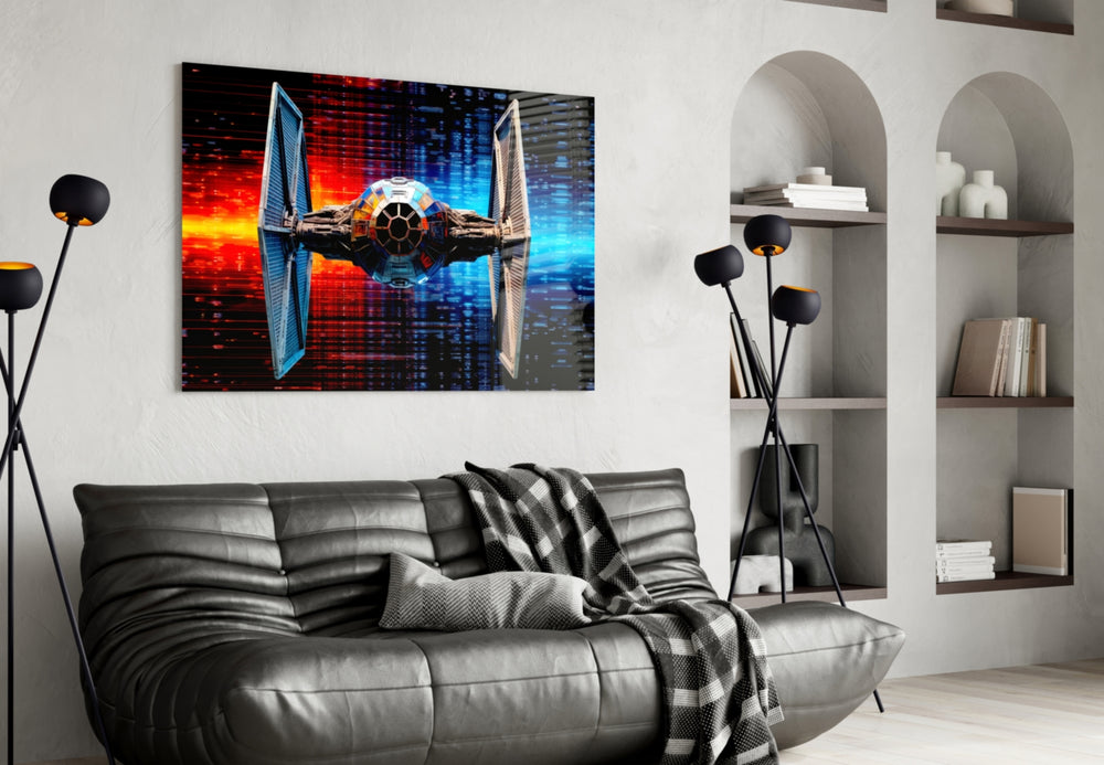 Tie Fighter glass wall art styled above a sideboard in a media room