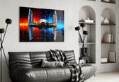 Tie Fighter glass wall art styled above a sideboard in a media room