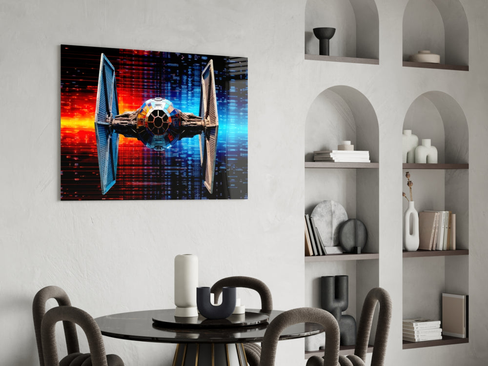 Tie Fighter panel adding editorial drama to a hallway