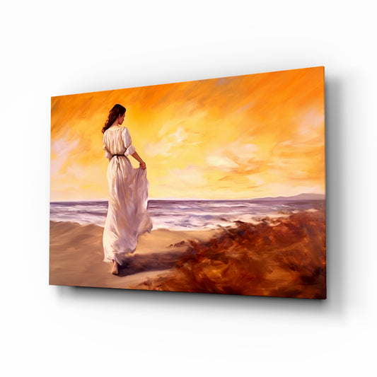 Beach Walk glass wall art displayed above a headboard in a bedroom