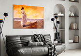 Beach Walk glass wall art styled above a sideboard in a hotel-style lounge