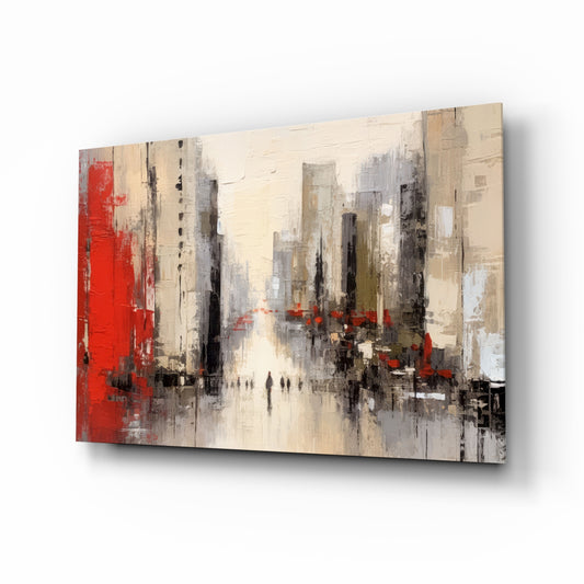 City Silhouette glass wall art displayed above a leather chair in a study