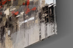 Urban-portrait artwork anchoring a wall with charcoal-and-scarlet palette