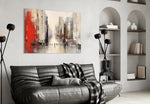 City Silhouette glass wall art styled above a sideboard in a dining room