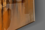 Figurative artwork anchoring a wall with amber-and-cobalt palette