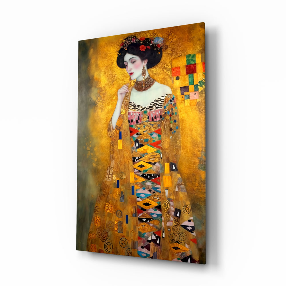 Klimt Style glass wall art displayed above a console in a hotel-style lobby