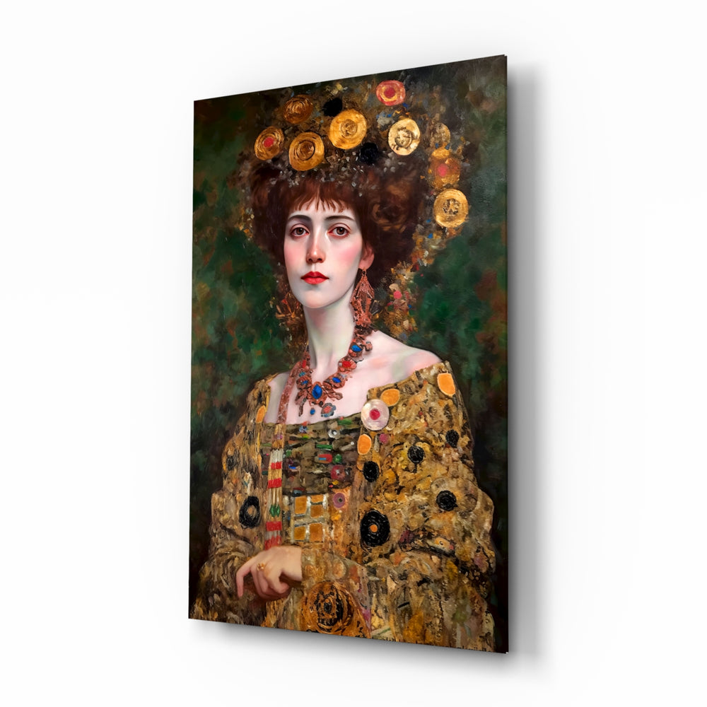 Klimt Style glass wall art displayed above a console in a hotel-style lobby