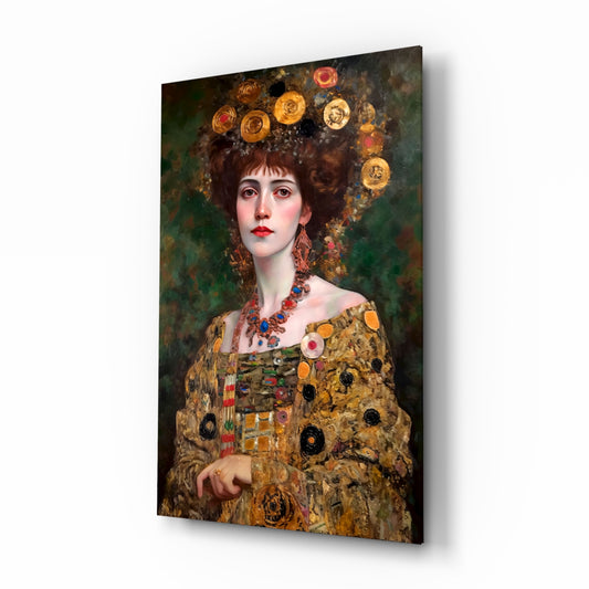 Klimt Style glass wall art displayed above a console in a hotel-style lobby