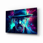 Heisenberg glass wall art displayed above a leather sofa in a man cave
