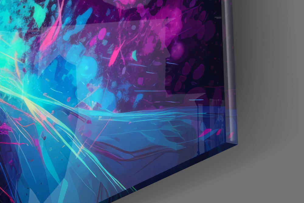 Antihero-muse artwork anchoring a wall with cyan-and-magenta palette