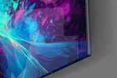 Antihero-muse artwork anchoring a wall with cyan-and-magenta palette