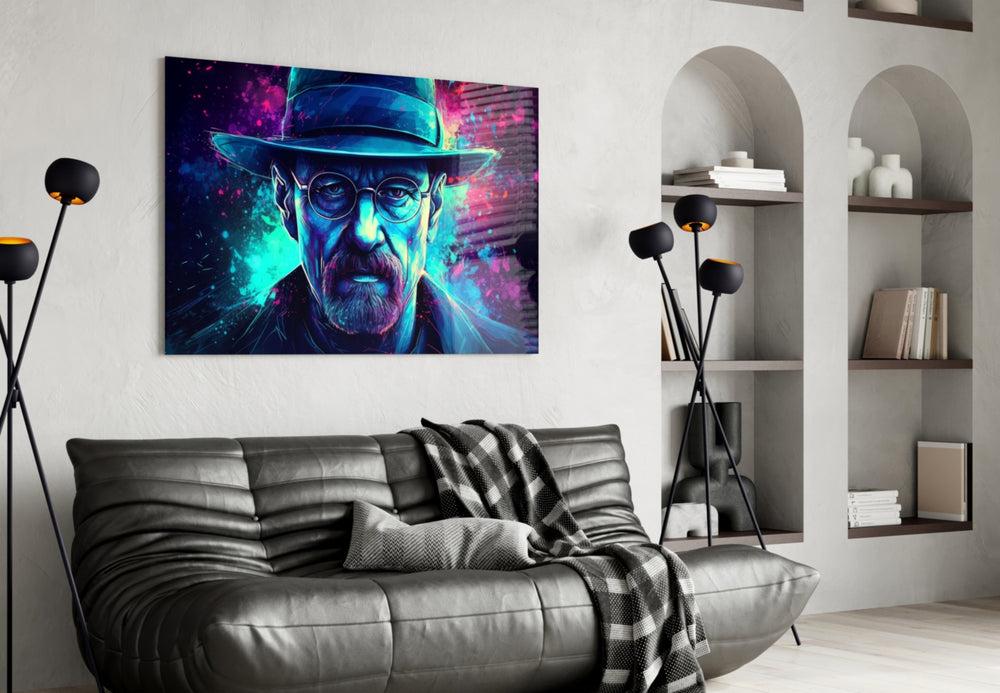 Heisenberg glass wall art styled above a sideboard in a media room