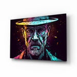 Heisenberg glass wall art displayed above a leather sofa in a man cave