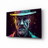 Heisenberg glass wall art displayed above a leather sofa in a man cave