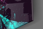 Antihero-muse artwork anchoring a wall with citrus-and-cyan palette