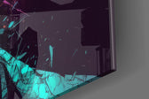 Antihero-muse artwork anchoring a wall with citrus-and-cyan palette
