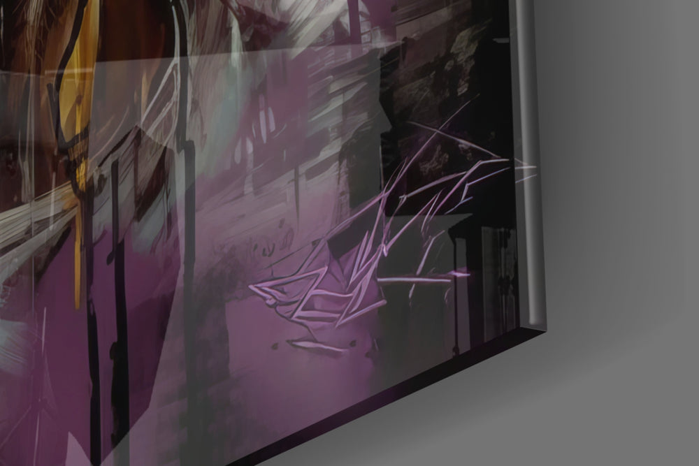 Basketball-legend artwork anchoring a wall with violet-and-gold palette