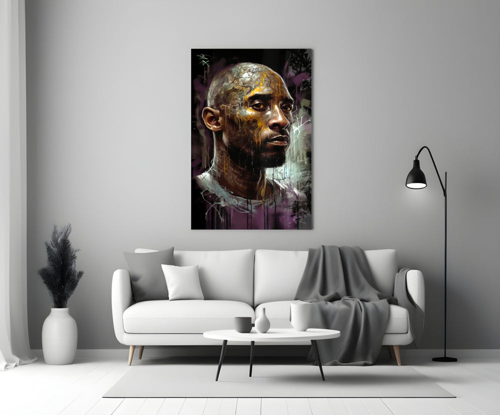 Kobe close-up showing bald head and gold paint veining