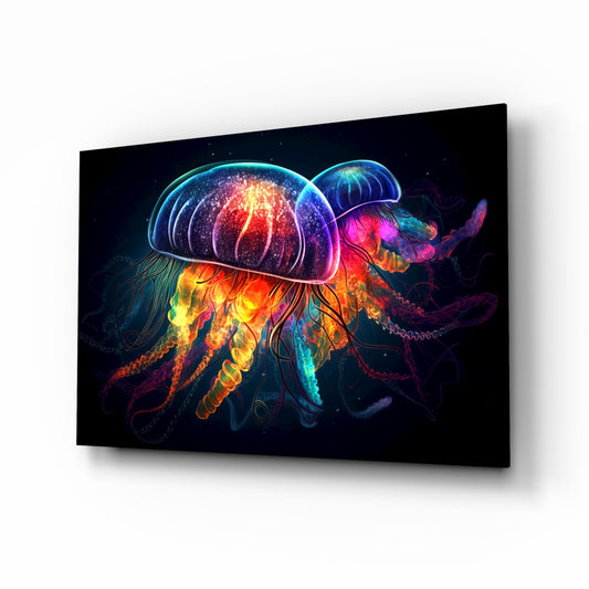 Neon Jellyfish glass wall art displayed above a console in a meditation corner