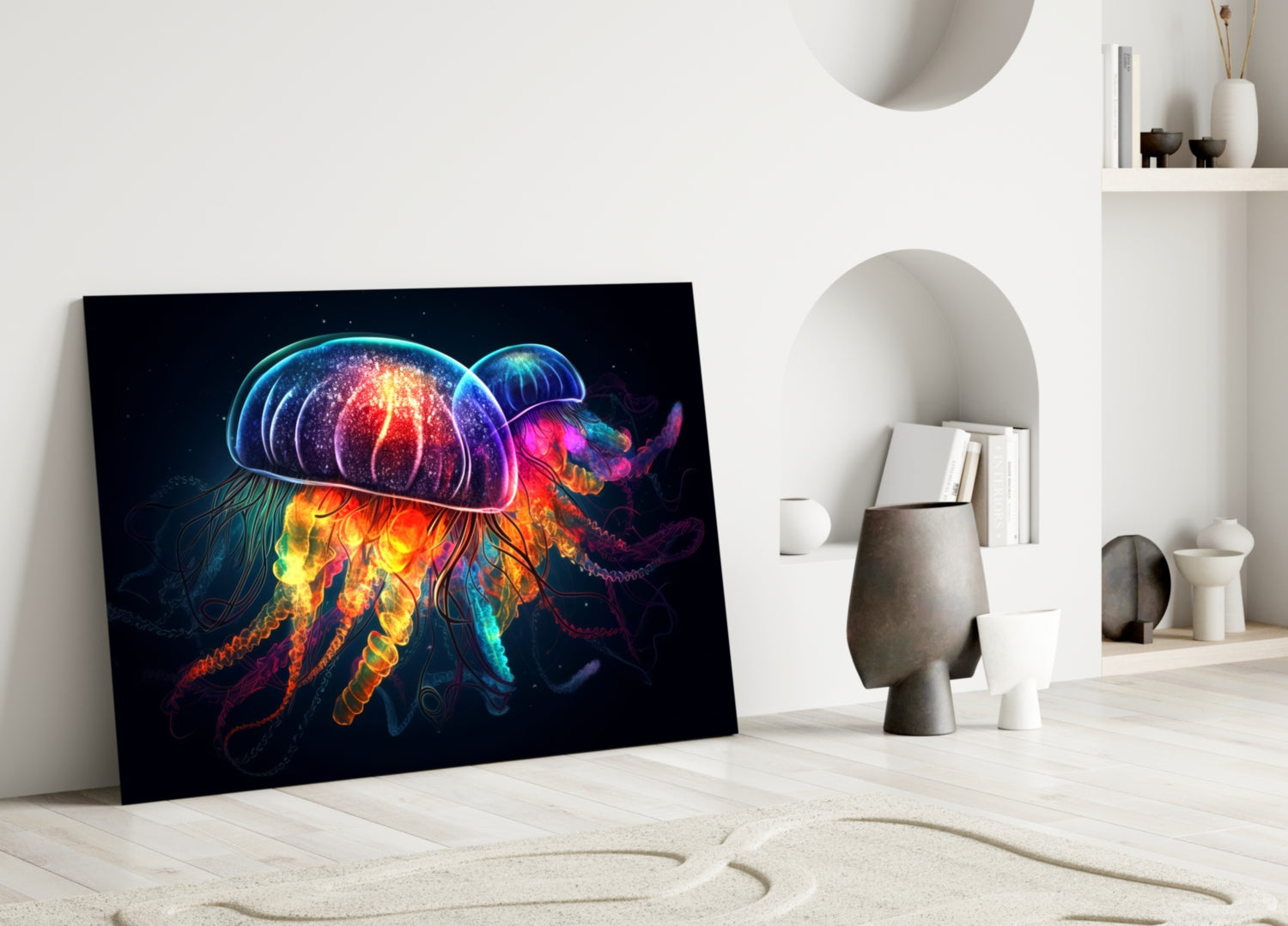 Neon Jellyfish Glass Wall Art || Designer Collection.