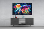 Neon Jellyfish panel catching lamp light to reveal its cinematic glow
