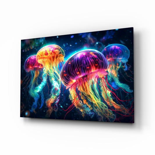 Neon Jellyfish glass wall art displayed above a console in a meditation corner