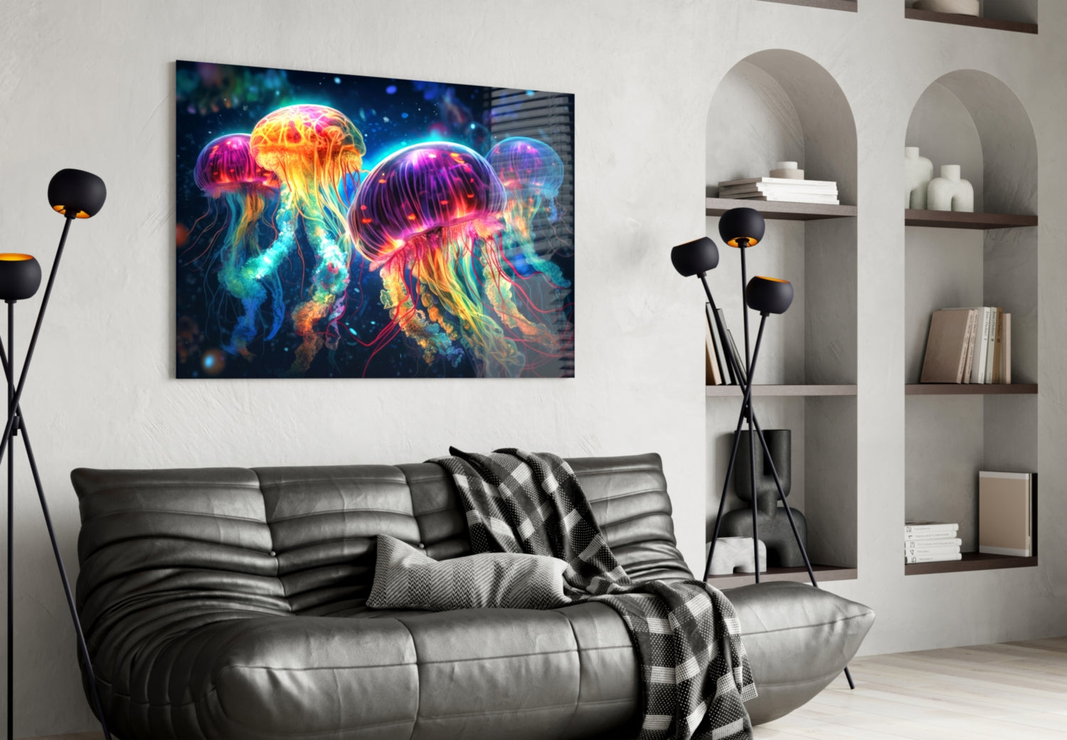 Neon Jellyfish Glass Wall Art || Designer Collection.