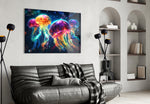 Neon Jellyfish glass wall art styled above a desk in a teen room