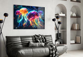 Neon Jellyfish glass wall art styled above a desk in a teen room