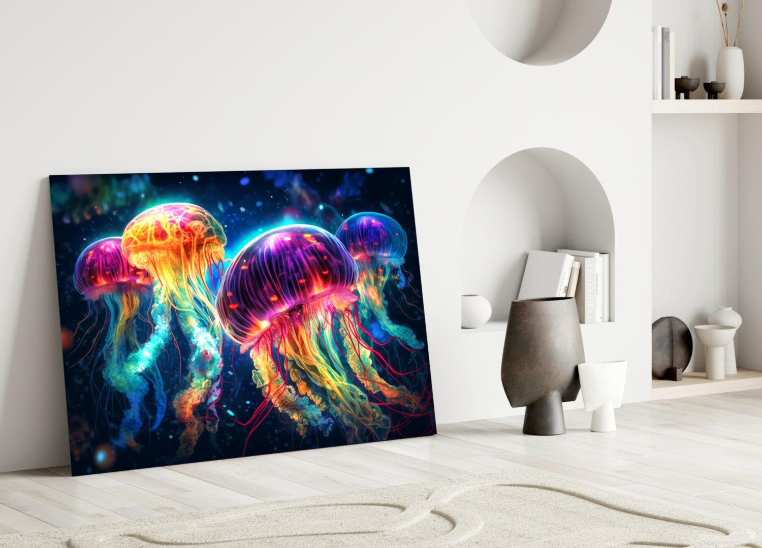 Neon Jellyfish Glass Wall Art || Designer Collection.