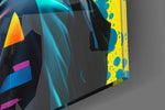 Fashion-muse artwork anchoring a wall with teal-and-canary palette