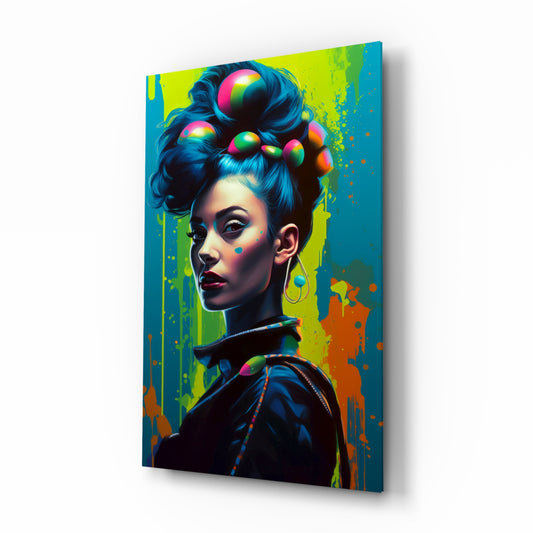 Hair Style glass wall art displayed above a vanity in a dressing room