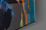 Fashion-muse artwork anchoring a wall with teal-and-canary palette
