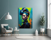 Hair Style glass wall art styled above a console in a fashion atelier