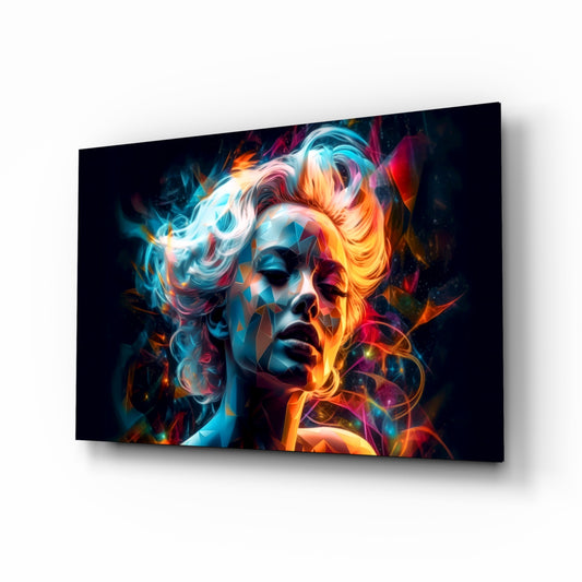 Glance glass wall art displayed above a vanity in a dressing room
