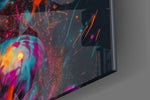 Feminine-muse artwork anchoring a wall with cyan-and-tangerine palette