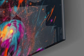 Feminine-muse artwork anchoring a wall with cyan-and-tangerine palette
